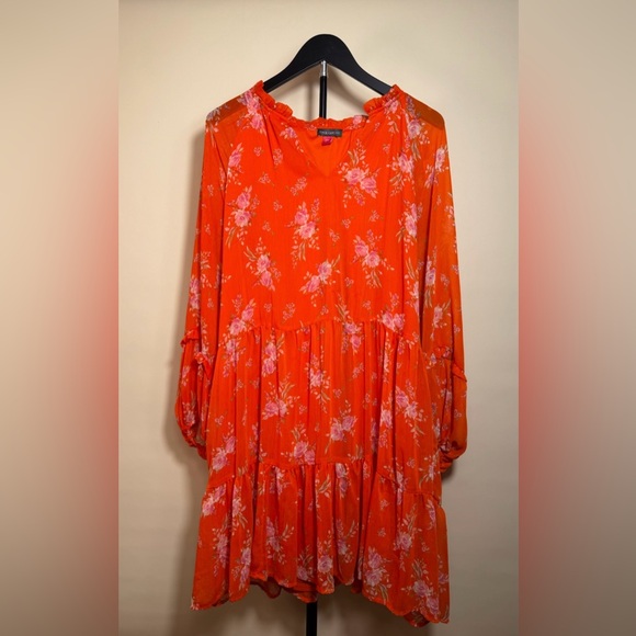 Vince Camuto Dresses & Skirts - Vince Camuto Orange Floral Boho Tiered Dress XXL Long Sleeve